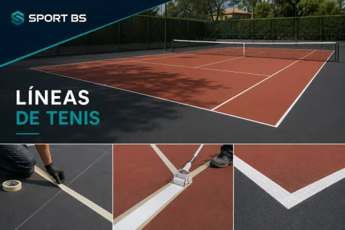 Marcado y señalización horizontal de las líneas de juego en una cancha de tenis.