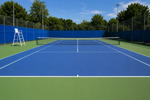 Rehabilitación de canchas de tenis de hormigón poroso con marcado de líneas de juego.