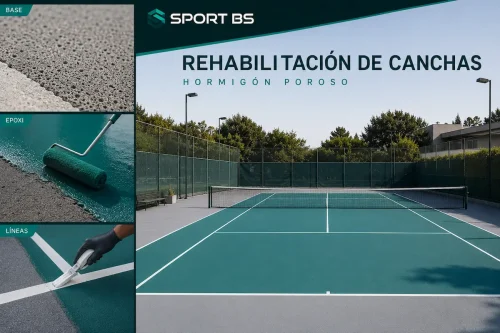 Rehabilitación de pista de tenis con resinas epoxis y marcado de líneas de juego.