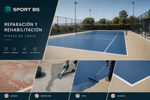 Reparación de pistas de tenis en Madrid con sellado de grietas y nuevo pavimento deportivo.