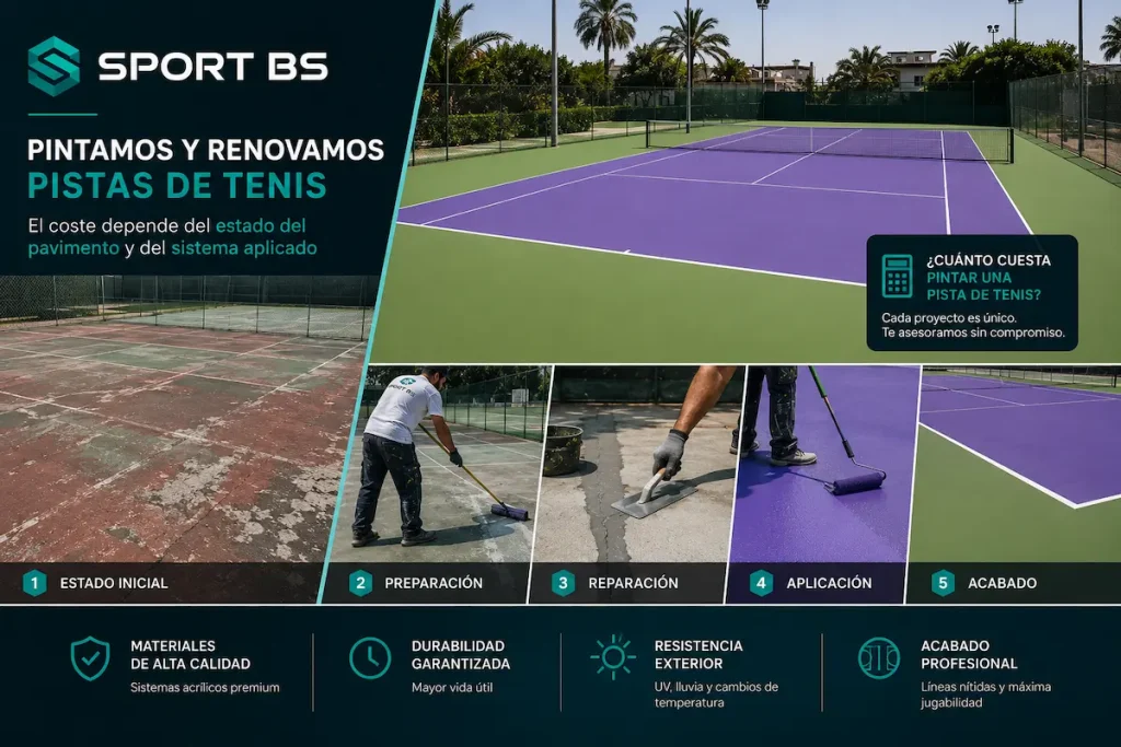 Reparación y rehabilitación de pista de tenis con renovación completa del pavimento deportivo.