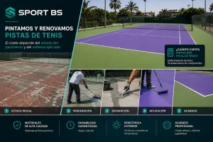 Reparación y rehabilitación de pista de tenis con renovación completa del pavimento deportivo.